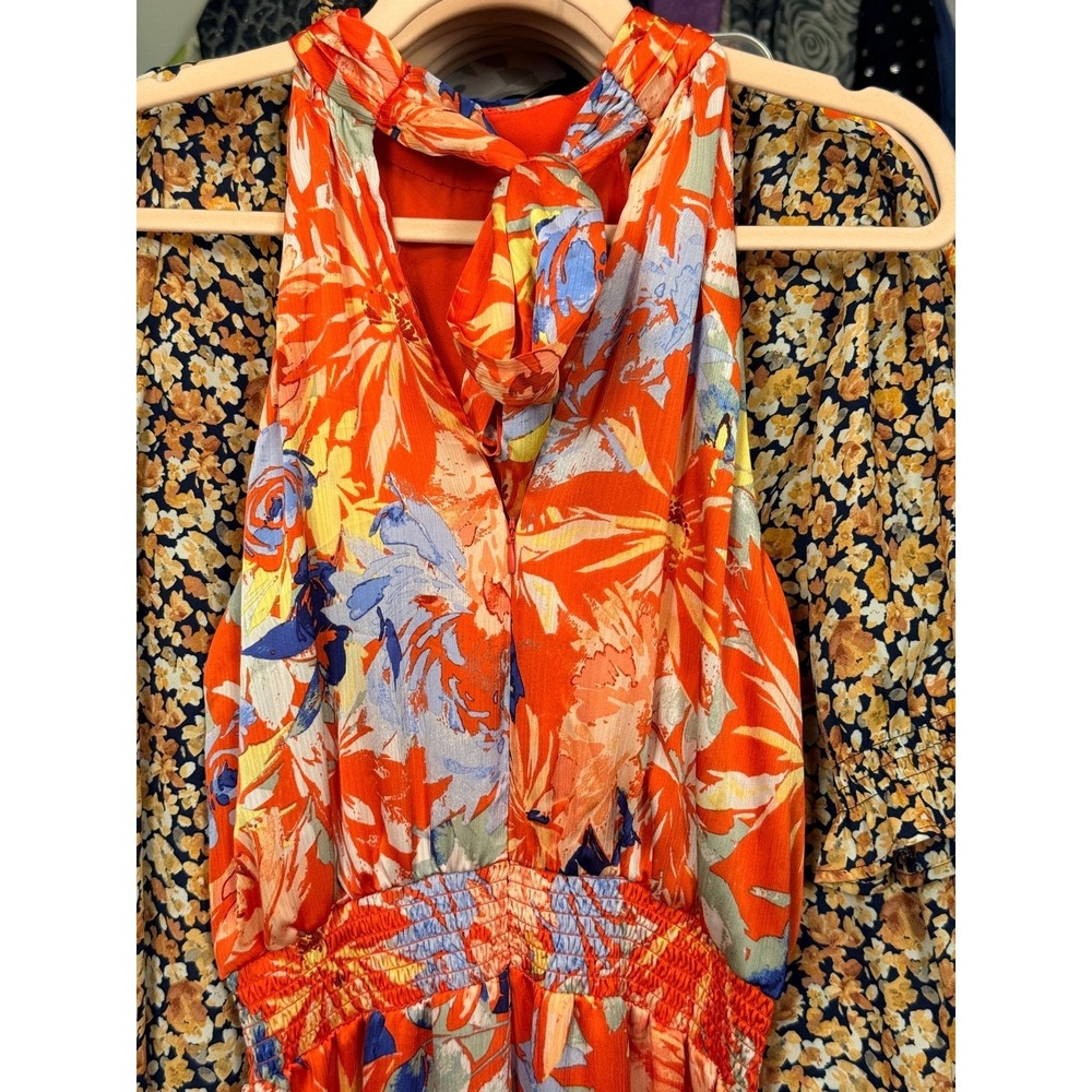 Vince Camuto Orange Tropical Floral Halter Wide Leg Jumpsuit Resort Medium - Picture 5 of 5